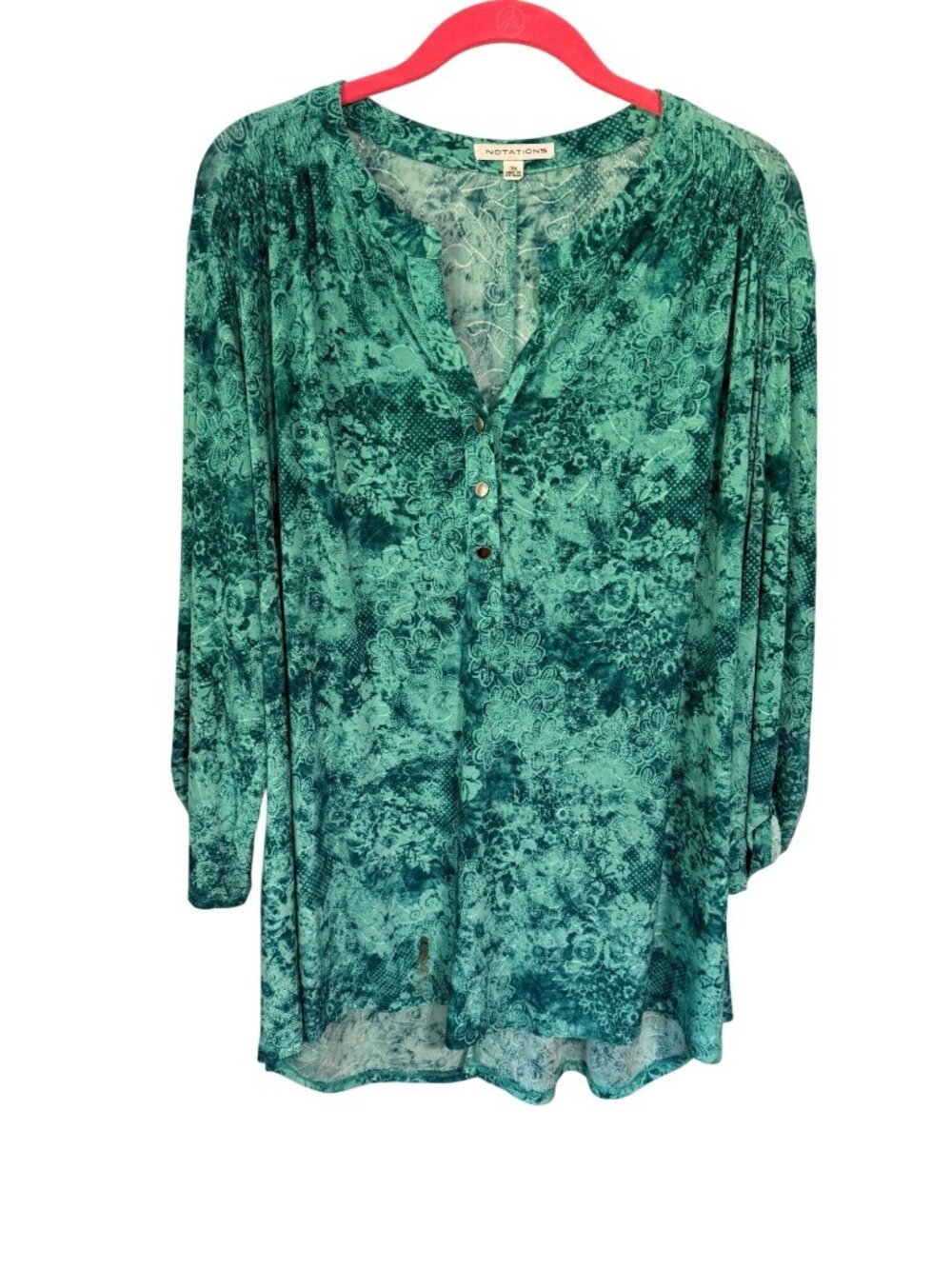 Notations Tunic Top Green Paisley Roll Tab Womans 3X